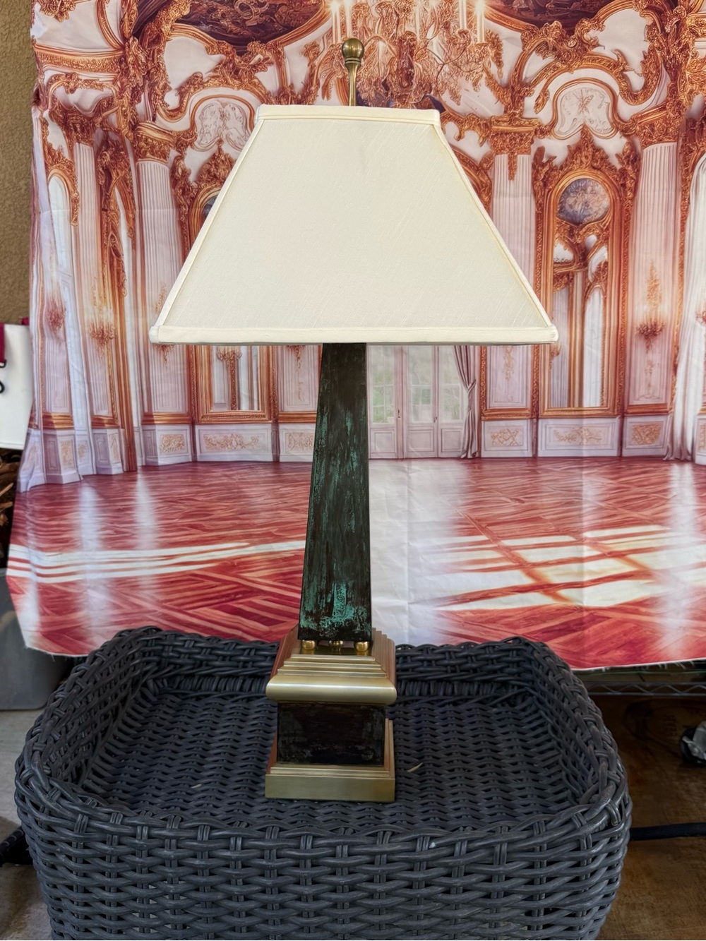 Wildwood Obelisk Lamp Vintage Brass Verdigris Neoclassical Hollywood Regency